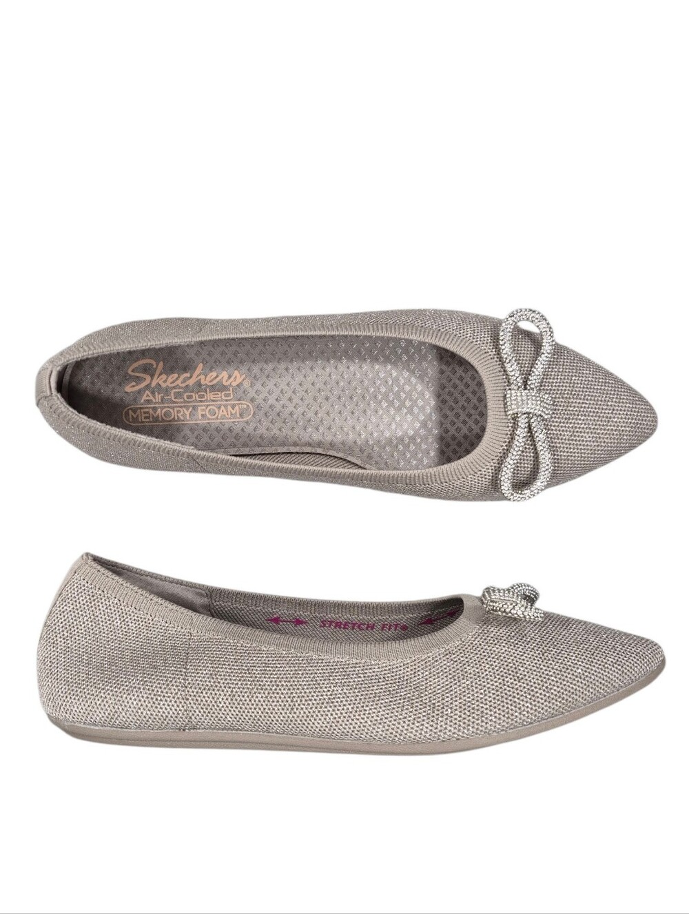 Skechers Cleos ballet flats women's 9.5 beige knit sparkly point toe bow stretch